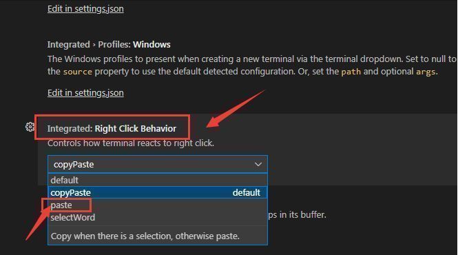 右键行为设置下拉菜单展开状态，当前选中paste选项，界面清晰标注操作结果