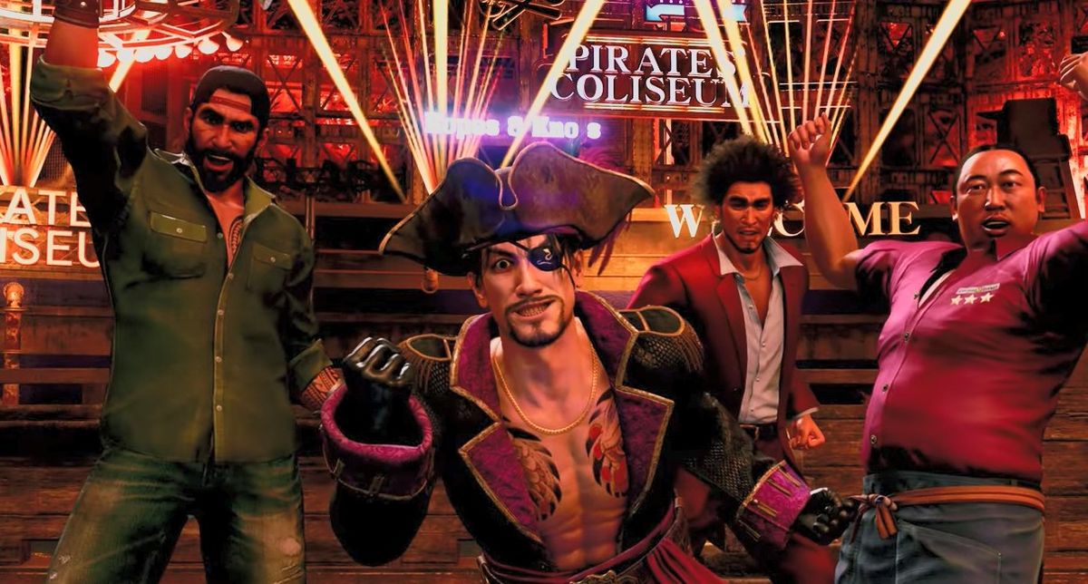 《如龙8外传》主角真岛吾朗站在海盗船上，背景是蔚蓝大海和阳光沙滩，画面充满夏威夷风情