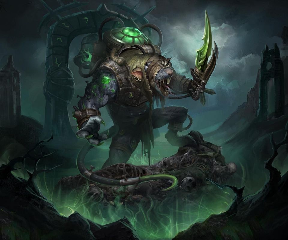 BOSS突变鼠魔战斗画面，体型庞大扭曲，背部装有发光罐仓，周围血肉粘稠