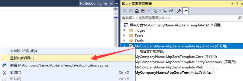 Visual Studio界面中项目文件显示灰色不可用状态的截图，提示用户资源加载失败