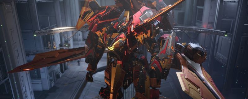 解限机天袭者机甲天焱炽燃涂装效果图，红黑棕三色交织如烈焰燃烧，金属质感强烈