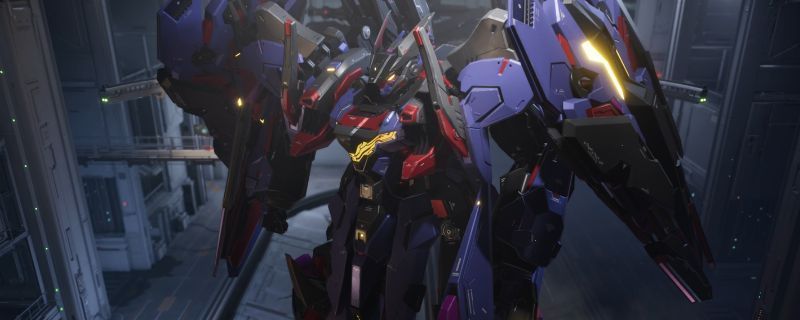 解限机游戏中飓风机甲灾厄堤丰涂装效果图，整体以暗色系为主，红色与金色线条勾勒出强烈机械美感