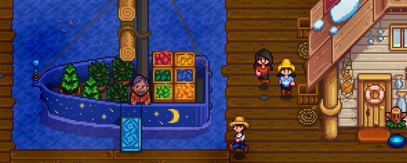 星露谷物语游戏中玩家在农场酿造酒类的画面，背景是整齐排列的小桶和成熟的上古水果