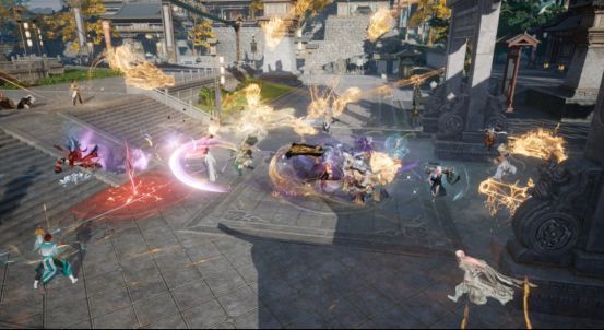 大兴府跨服战场全景图，多个帮会旗帜飘扬，战斗氛围紧张刺激