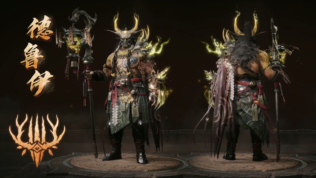 德鲁伊身穿黄色傩戏风格战甲，左手兽爪右手法杖，肩部有自然图腾雕刻