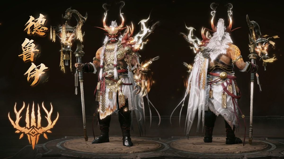 德鲁伊典藏版白色配色展示，全身洁白战甲搭配金色细节，手持莲花法杖，气质圣洁