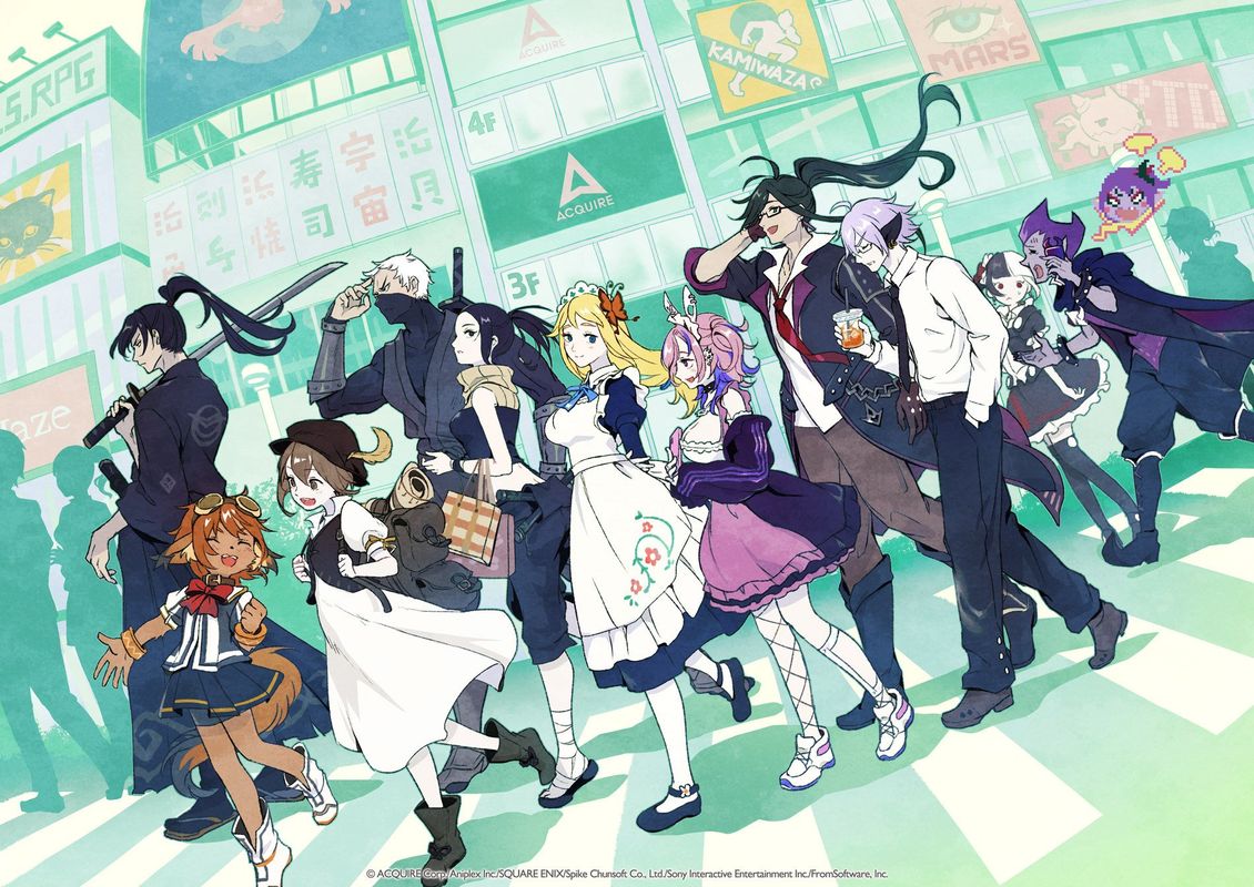 ACQUIRE 30周年纪念插画，图中汇聚了来自不同发行商旗下由ACQUIRE开发的多个经典游戏角色，风格鲜明且充满情怀