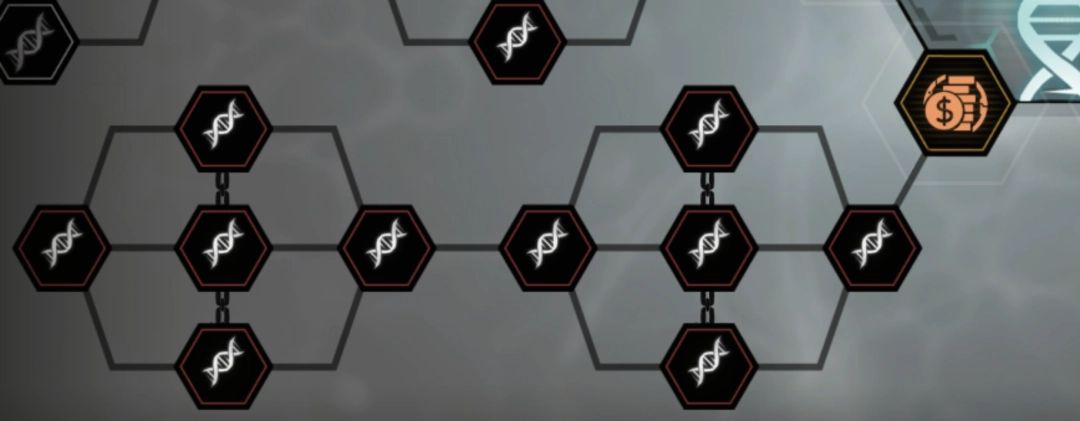 已点亮的基因链特写，展示满级后的视觉效果与属性加成说明