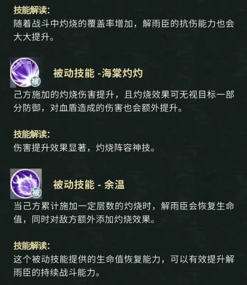 角色属性面板截图，显示解雨臣生命值、防御力及灼烧伤害加成等关键数值