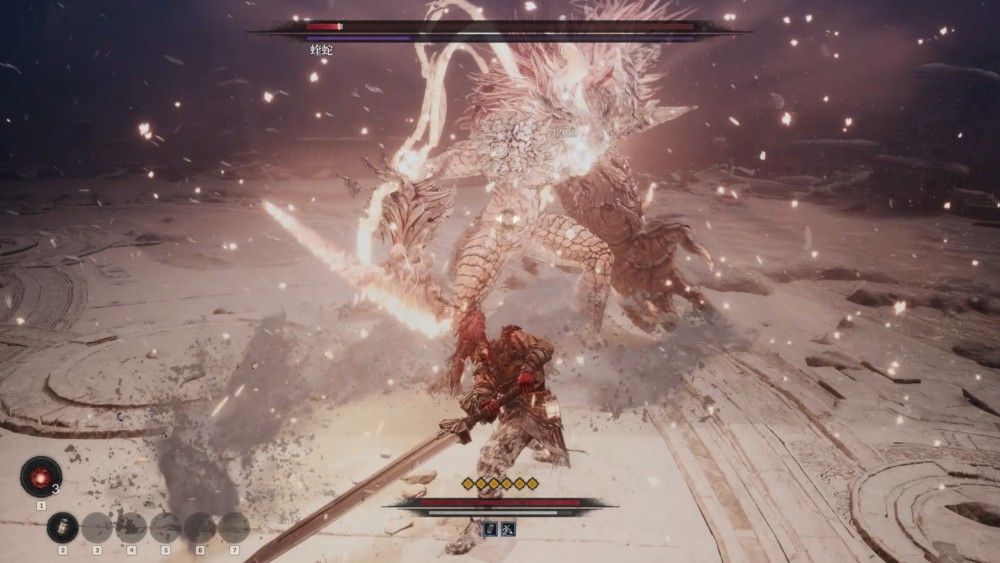 卡赞手持断刃怒吼的特写镜头，眼神中充满复仇火焰，背景为雪崩中的战场废墟