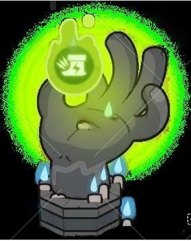 迷雾大陆迅捷塔外观展示，绿色光效环绕，塔身晶莹剔透充满科技感