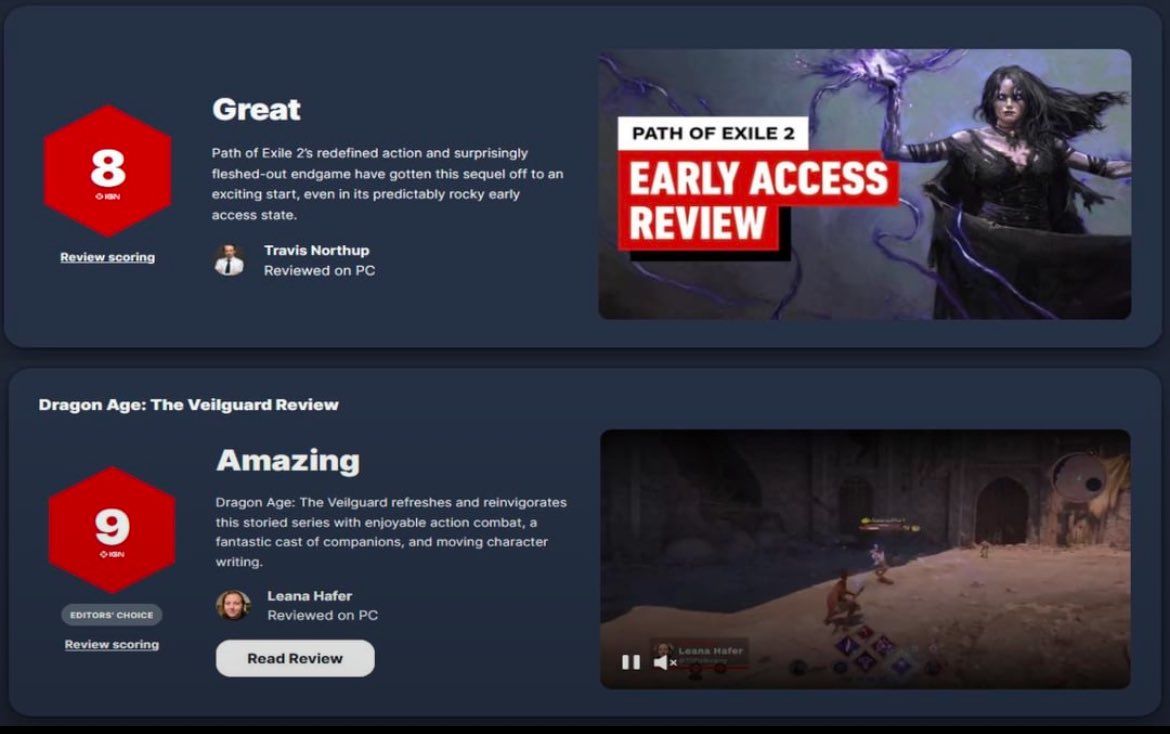 多家游戏媒体对《流放之路2》打出的评分汇总图，多数为9分以上