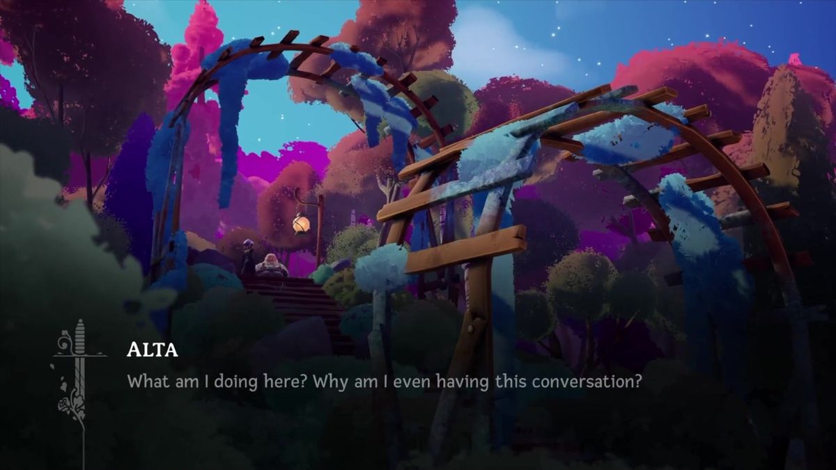 阿尔塔面对镜子整理围裙，眼神复杂，仿佛在与过去的自己对话