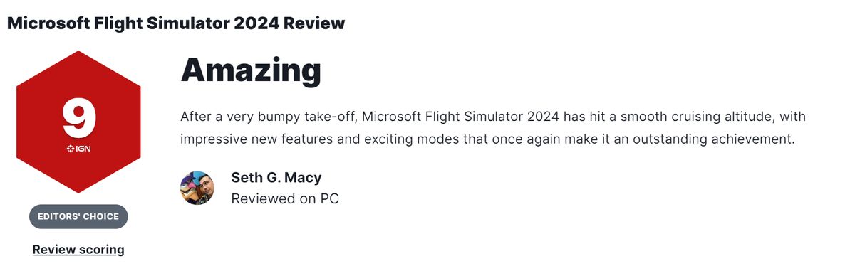 IGN为微软模拟飞行2024打出9分评分页面截图，背景为游戏中逼真的飞机驾驶舱画面