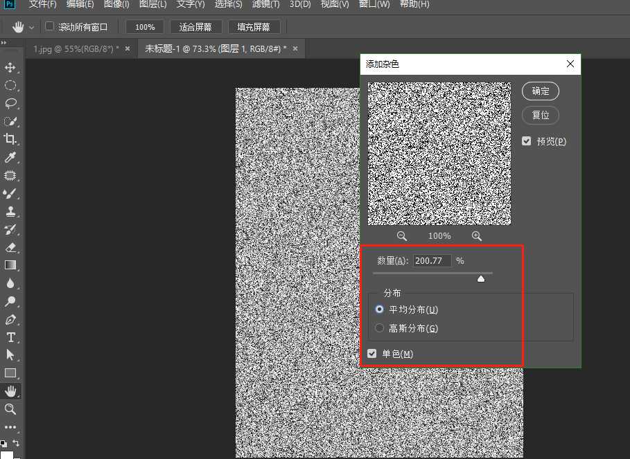 应用杂色后白色图层细节放大图，可见均匀分布的细小黑白颗粒，质感初现