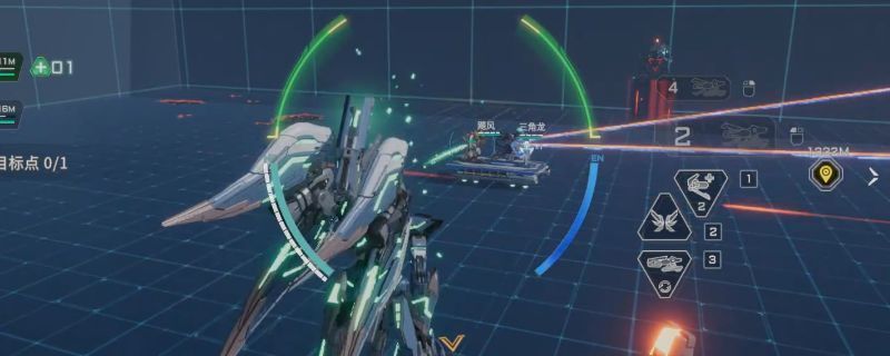 卢米纳尔站在炮塔顶部为附近机体加血的实战画面，背景中有敌人火力攻击炮塔但未对机甲造成伤害