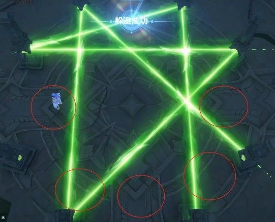 幽冥猫试炼关卡示意图，红色圆圈标记出边缘安全区域，射线交错分布