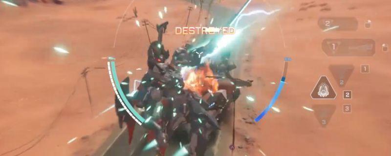 《解限机》中飞景机甲在玛什马克模式下启动隐身功能，悄然接近敌方机甲的战斗场景，周围环境为废弃城市废墟，光影效果突出隐身边界