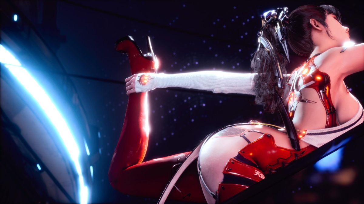 角色侧身站立于废墟之上，阳光斜照，紧身衣细节清晰，背景城市残影若隐若现