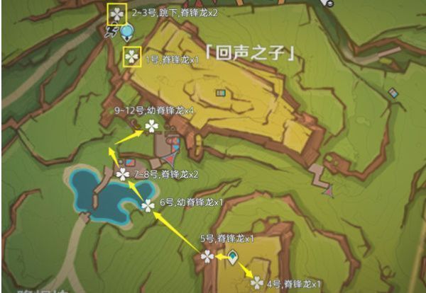 回声之子部落区域龙兽点位地图标记，红色图标清晰标注怪物刷新位置