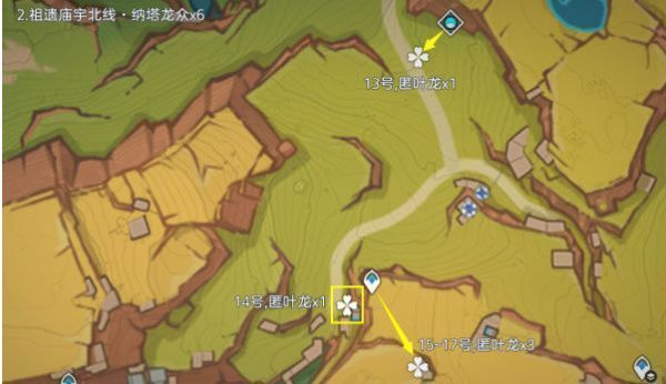 祖遗庙宇北侧龙兽刷新点地图，标记于山道转弯处，便于追踪