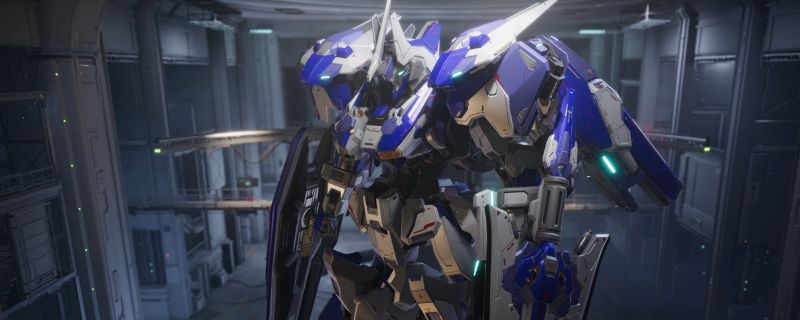 龙渊机甲应用海牛高达涂装后的全身效果图，整体以灰蓝为主色调，搭配红色点缀，科技感十足