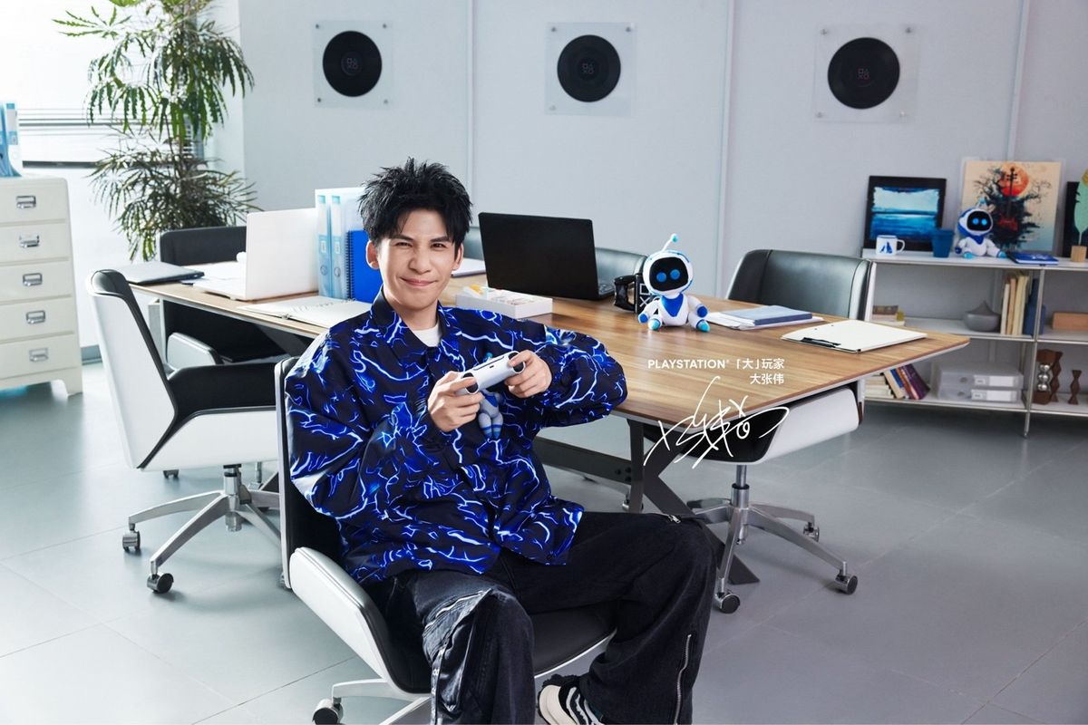 MV截图：大张伟带领众人跳起魔性舞蹈，动作整齐划一，背景为动态PS符号光影