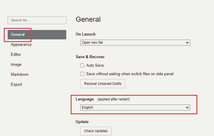 Typora通用设置页面局部截图，Language语言选项被红框标注，下拉箭头清晰可见