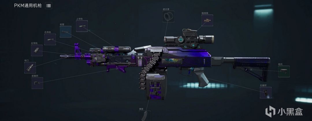 PKM通用机枪改装界面，各配件位置清晰标注，突出性价比改装思路