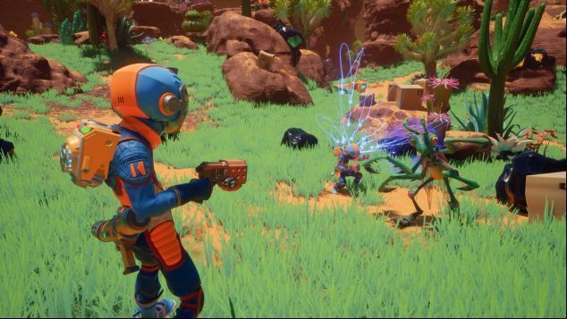 主角与宿敌冈瑟·哈里森对峙画面，两人均身穿奢华CEO太空服，背景为企业标志