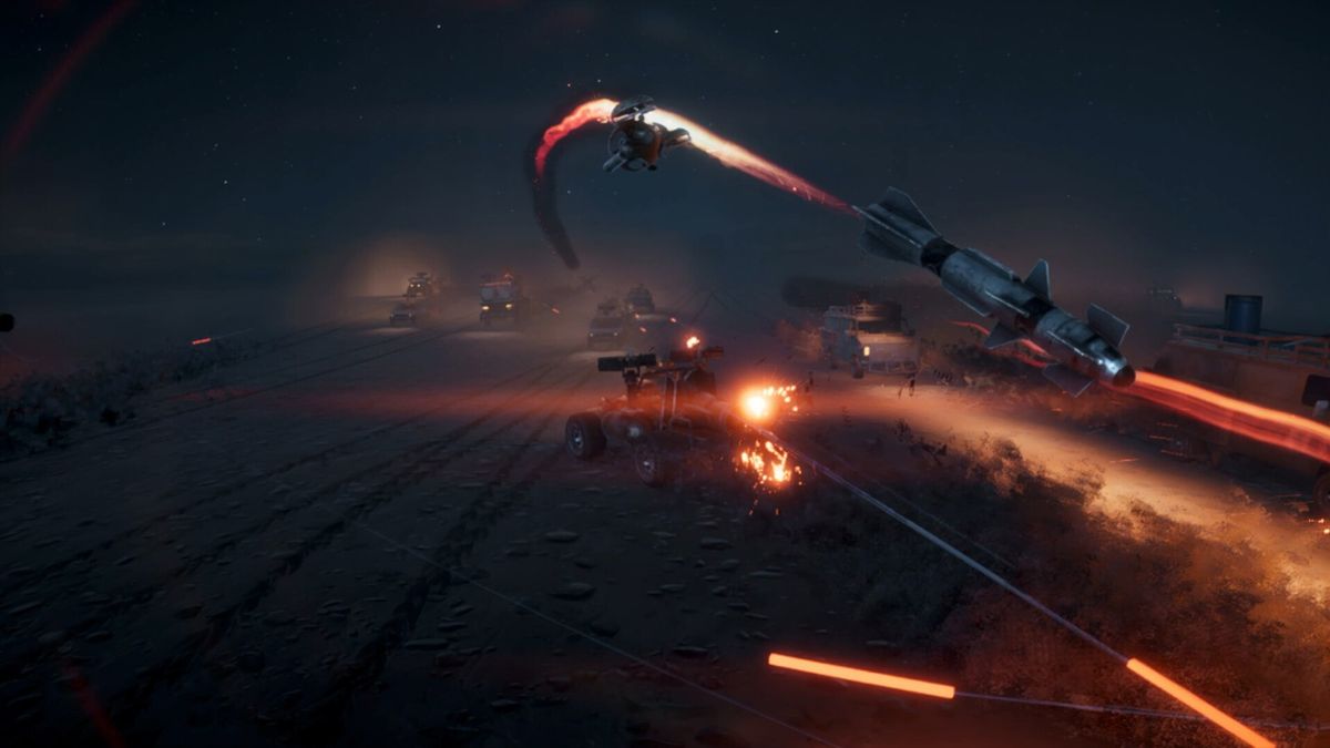 地下竞技场内多辆战车围攻主角，灯光闪烁，观众环绕，营造紧张对战氛围