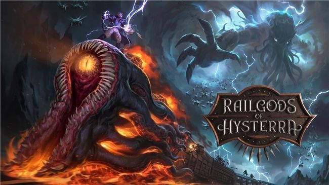 《RailGods of Hysterra》主视觉图，展现一辆融合生物与机械特征的巨型列车在诡异地貌中穿行，天空布满不祥星象