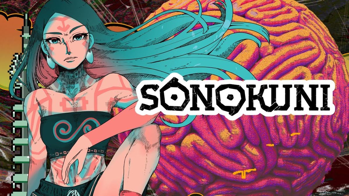 《SONOKUNI》游戏主界面画面，展现霓虹风格的生物朋克城市背景与主角持刀站立的剪影