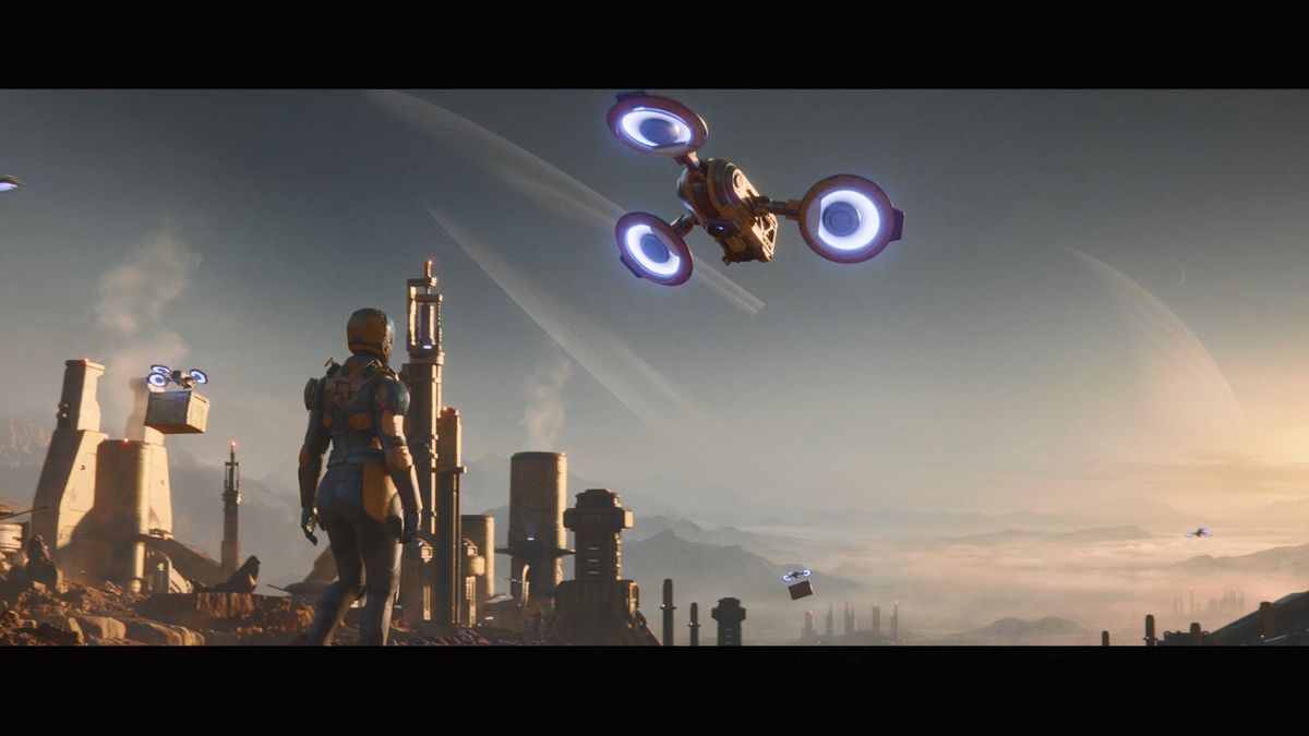 《星际征程》星际贸易站内部场景，多艘货船停靠，物流系统高效运转