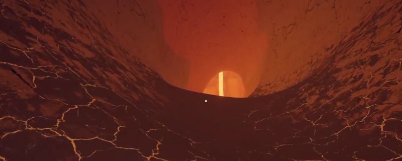 《PEAK》火山口区域场景，岩浆流淌，玩家角色正在开启散落的金属物资箱，周围烟雾弥漫