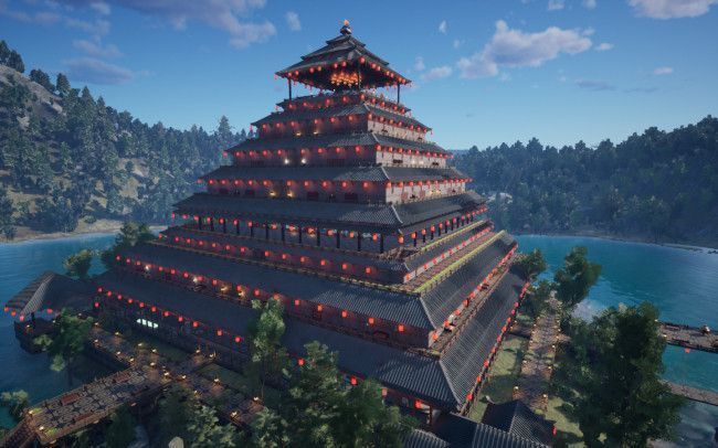 玩家在《帝国神话》中使用多种材质搭建的中式宫殿建筑，飞檐翘角，气势恢宏