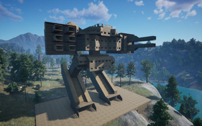 玩家使用木质结构搭建的巨型机甲模型，造型酷似经典高达，充满科幻感