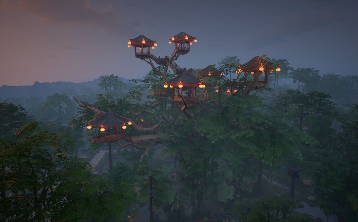 玩家在树木顶端建造的多层树屋结构，配有梯子与走廊连接，环境清幽