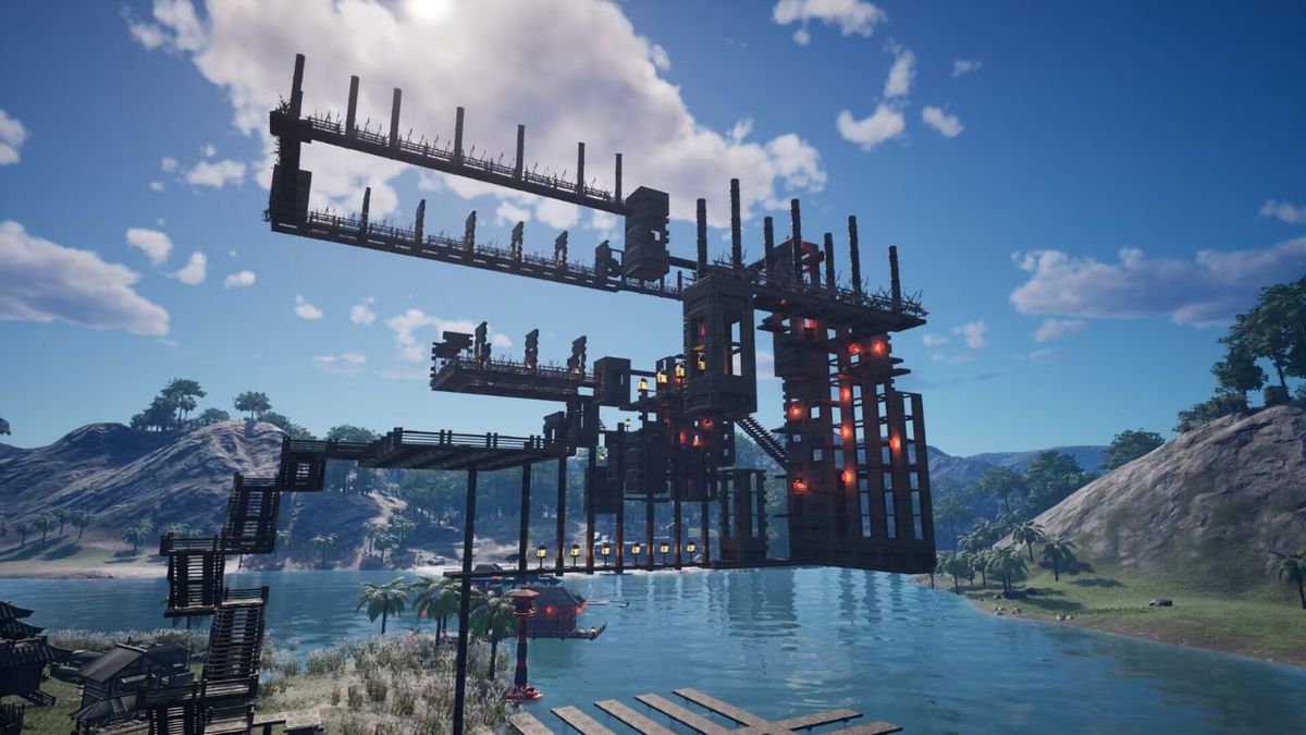 玩家建造的闯关赛道，包含平衡木、跳台和水池障碍，充满娱乐性