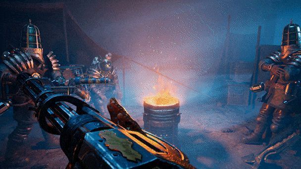 四人小队在狭窄通道中协同作战，一人使用盾牌掩护，其余三人交替射击，敌人从两侧突袭