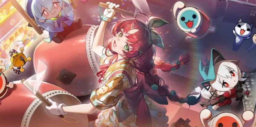 桃金娘全新立绘展示，身穿红白配色的太鼓达人主题服饰，背景为祭典舞台，鼓点特效环绕