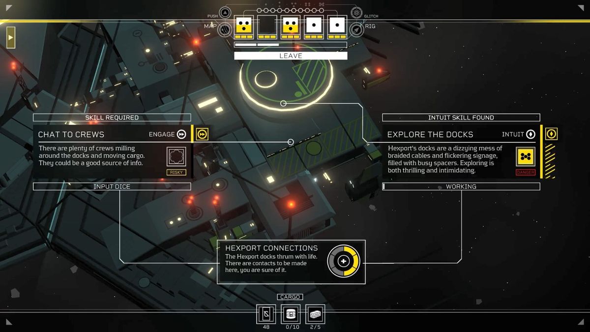 玩家在飞船控制台前操作界面，屏幕上显示能源、氧气和船员状态等数据