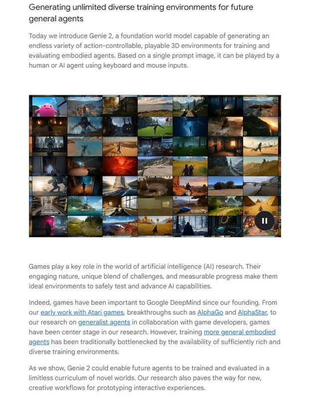 Genie 2界面演示图，显示AI正在实时生成包含道路、建筑与植被的城市环境