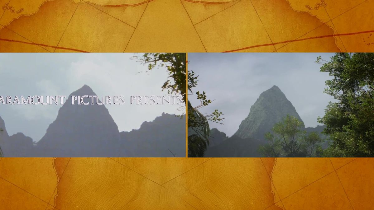 火把照亮古庙墙壁，浮雕图案与电影中一致，光影层次细腻