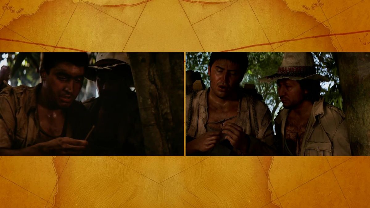 游戏镜头跟随琼斯穿越狭窄走廊，与电影运镜完全一致