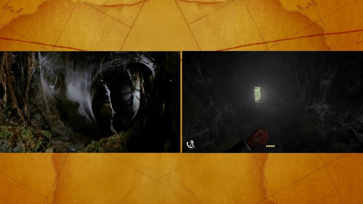 琼斯博士站在神像前，镜头角度与电影完全一致