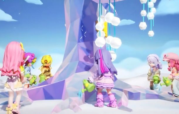 玩家与小马角色围绕一棵发光的树互动，周围漂浮着代表和谐元素的符文和光点