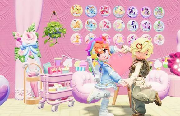 新NPC在小镇广场与玩家对话，背景有气球和彩带装饰，充满节日气氛