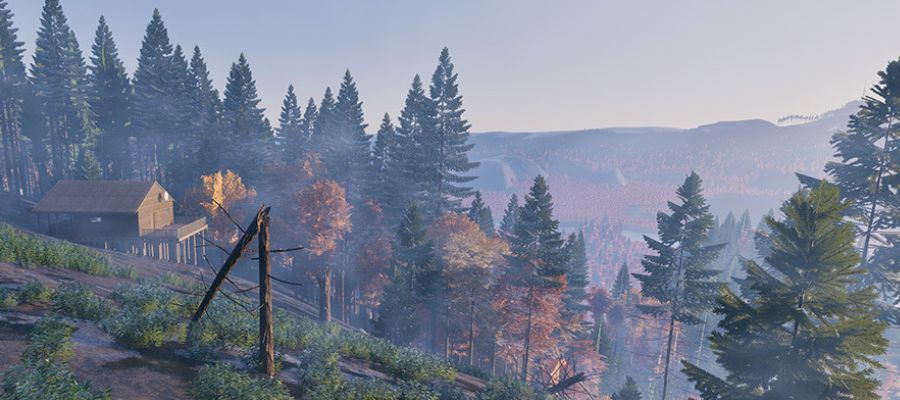 玩家角色在雪地中搭建木屋，远处雷电交加，展现恶劣生存环境