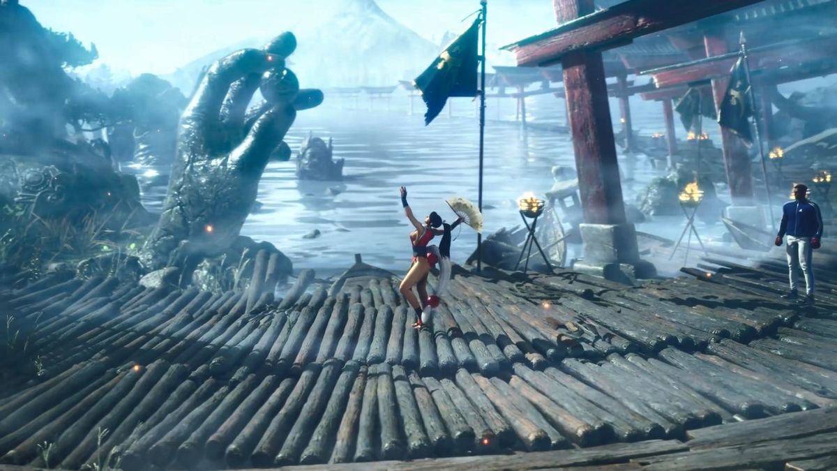 舞与未知角色对峙的特写镜头，眼神凌厉，手中大扇半开